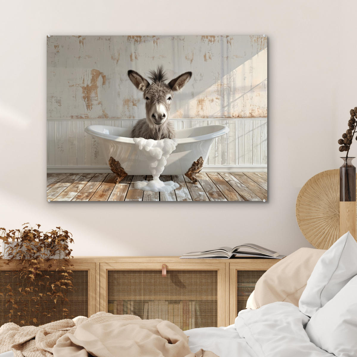 ACRYLGLASBILD Esel - Tiere - Badewanne - Schaumstoff 80x60 cm - Weiß, Glas (80/60cm) - MuchoWow
