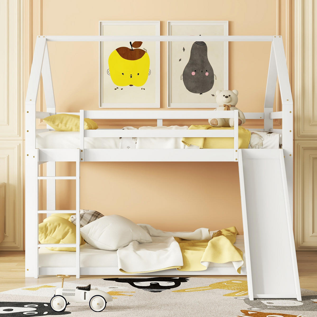 HAUSBETT mit Rutsche 140/200 cm in Weiß – Etagenbett aus Kiefernholz - Weiß, Holz (140/200cm) - BEAOK