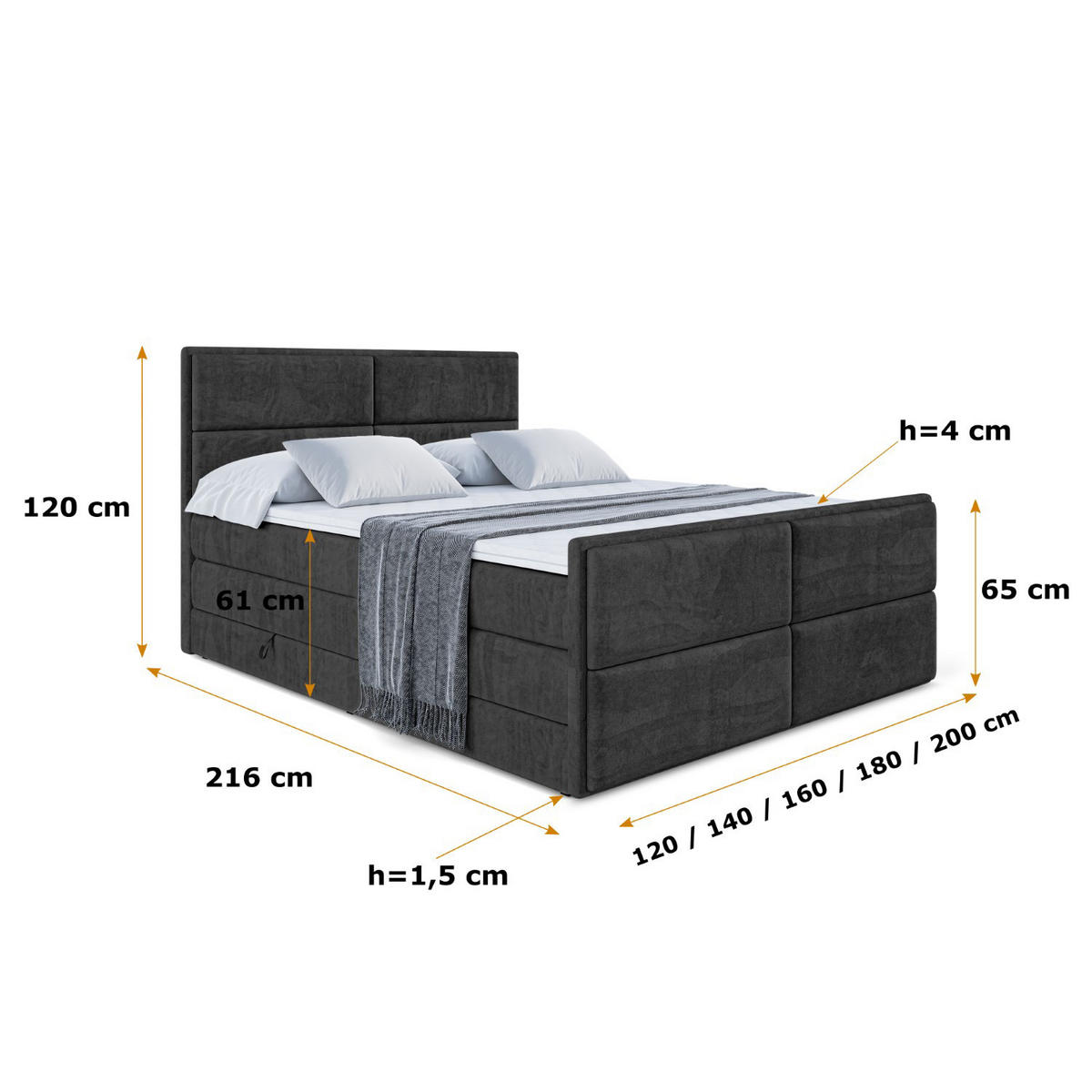 BOXSPRINGBETT AURA-Z KING - 140 x 200 - H3/H4 - Schwarz - Schwarz, Holzwerkstoff (140/200cm) - ALTDECOR