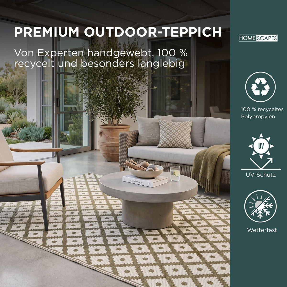 OUTDOORTEPPICH May, geometrisch gemustert 120/180 cm - Olivgrün, Kunststoff (120/180cm) - Homescapes