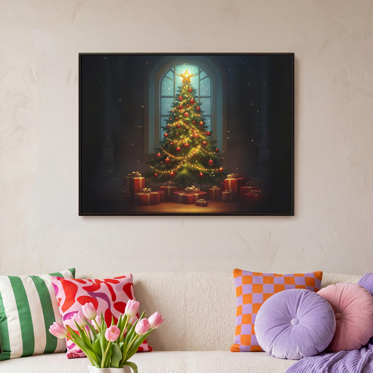 LEINWAND Bilder mit Rahmen - Weihnachtsbaum - Geschenk - Winter - 80x60 - Grün, Textil (80/60cm) - MuchoWow