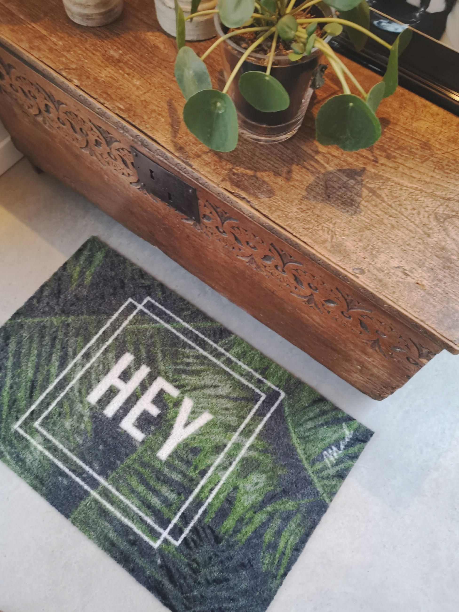 OUTDOOR FUßMATTE "Josh" mit Spruch "Hey" Grün floral 50 x 75 cm - Dunkelgrün/Grün, Kunststoff/Textil (50/75cm) - MAD ABOUT MATS