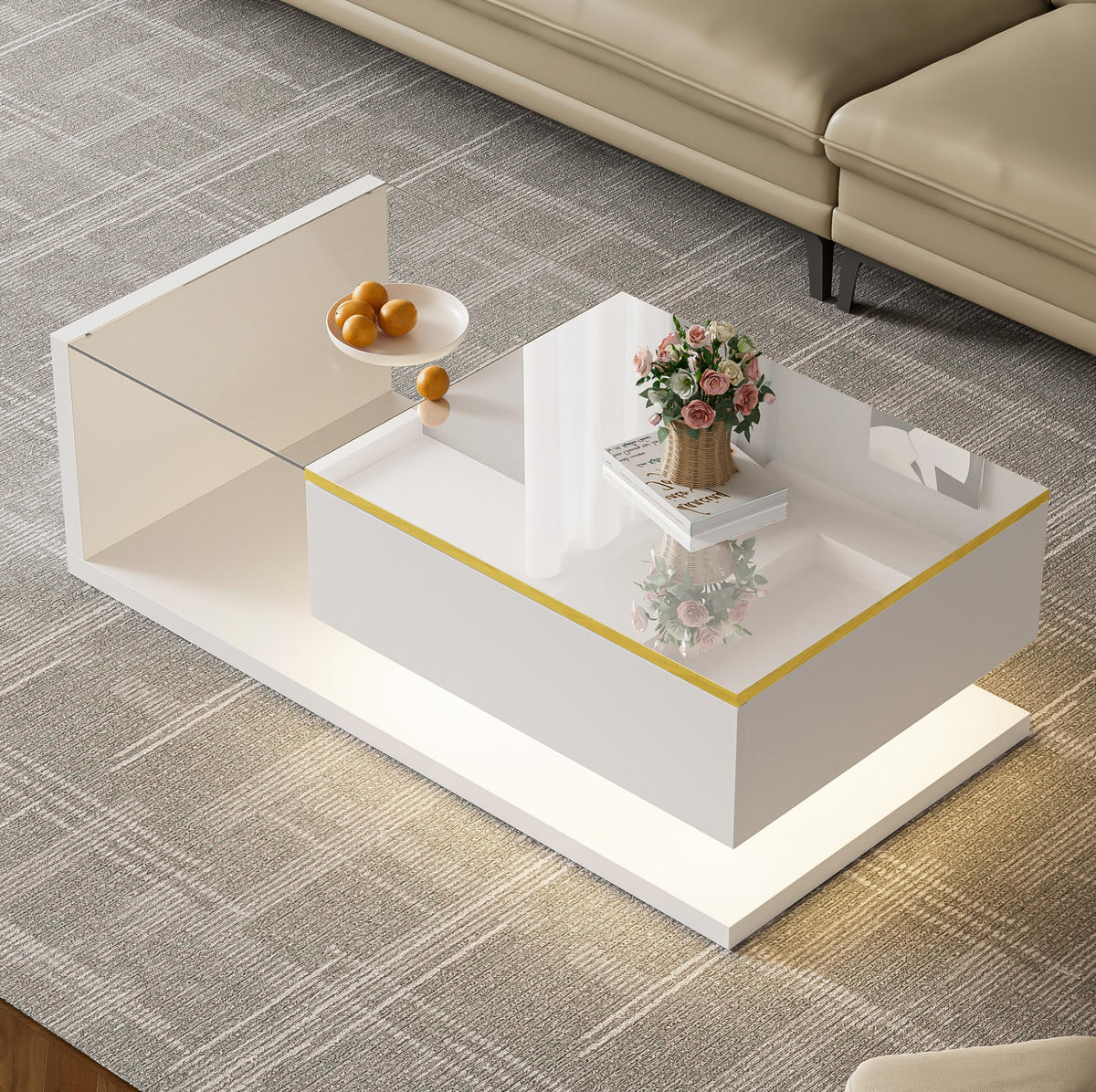 COUCHTISCH aus Spanplatte 100x50x32,5 cm in Weiß mit LED-Beleuchtung - Weiß, Holzwerkstoff (100/50/32.5cm) - Modfu