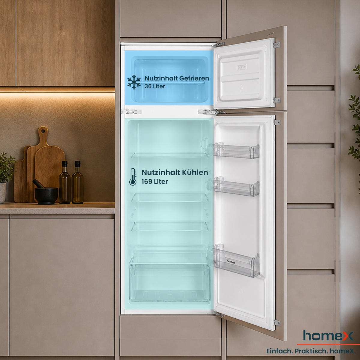 KÜHL-GEFRIER-KOMBINATION Einbau, 145cm Nische, 205 Liter, Schlepptürtechnik, Einbaukühlschrank mit Gefrierfach, CFB2051E - Weiß, Glas/Kunststoff (54/145/54cm) - homeX