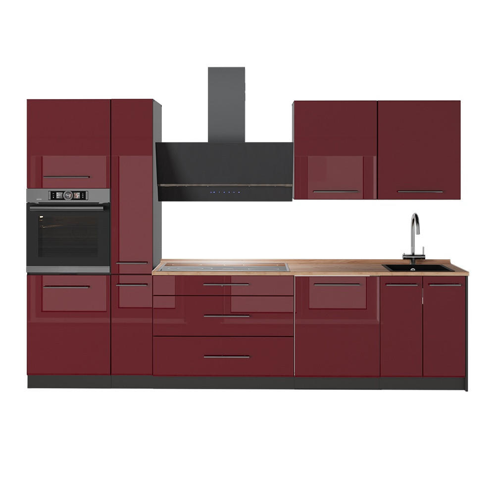 KÜCHENZEILE Fame-Line, Bordeaux Hochglanz/Anthrazit, 310 cm, AP Eiche - Bordeaux/Anthrazit, Holzwerkstoff (310/206.8/60cm) - Vicco