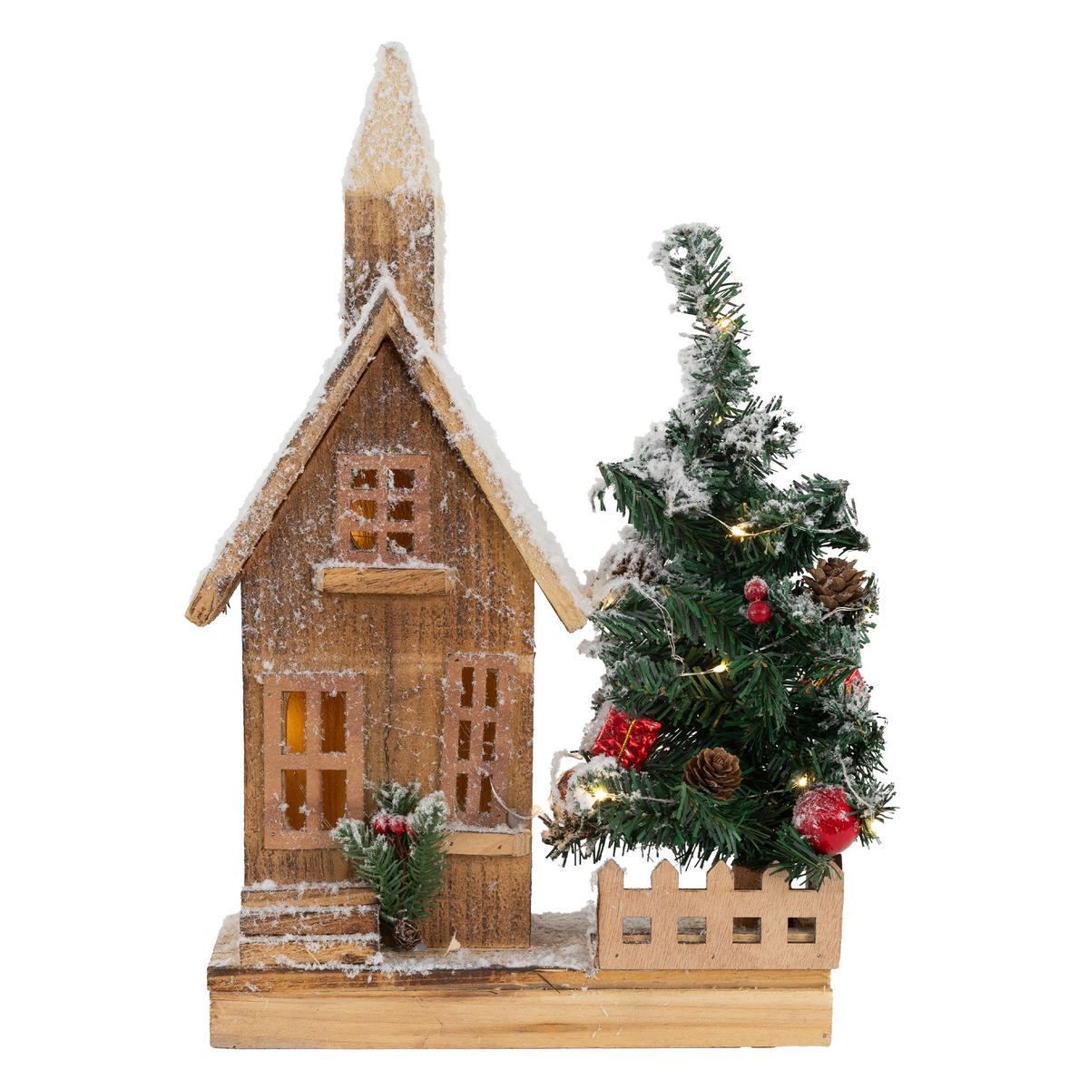 WEIHNACHT HAUS mit Baum - Braun, Holz (11/44/27cm)