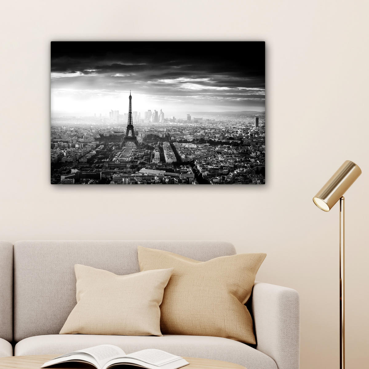 OBRAZ NA PLÁTNĚ Paříž - panorama - Eiffelova věž - město - mraky 90x60 cm - tmavě šedá, textil (90/60cm) - MuchoWow