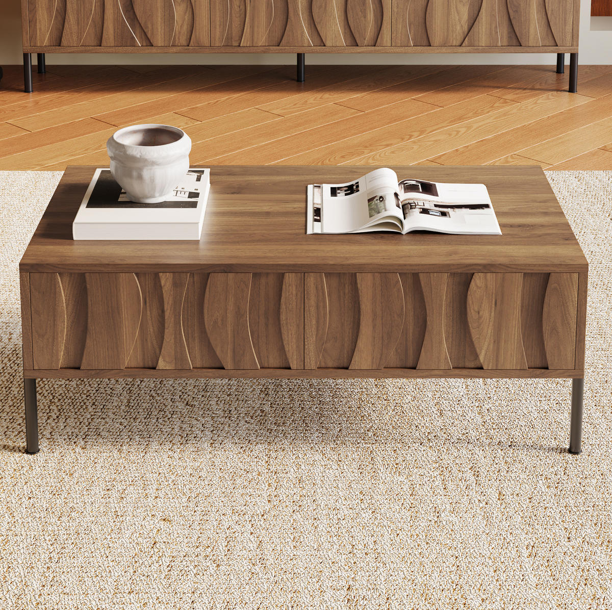 COUCHTISCH 105/55/41 cm in Natur mit 2 Schubladen und Retro-Design - Naturfarben, Holzwerkstoff (105/55/41cm) - Flora Grace