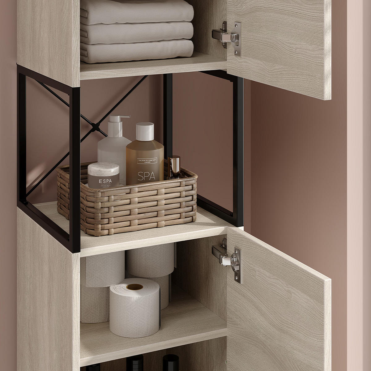 BADSCHRANK Vionna Eiche/Schwarz 36 x 185 cm mit 2 Türen - Eichefarben/Schwarz, Holzwerkstoff (36/185/33cm) - Vicco