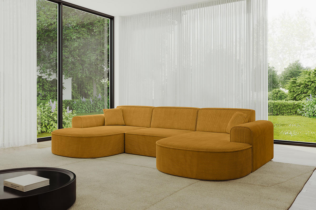 WOHNLANDSCHAFT MARI-U1 - 295x163x73,5 cm Senfgelb Cord - Gelb/Schwarz, Holzwerkstoff/Kunststoff (295/73.5/163cm) - ALTDECOR