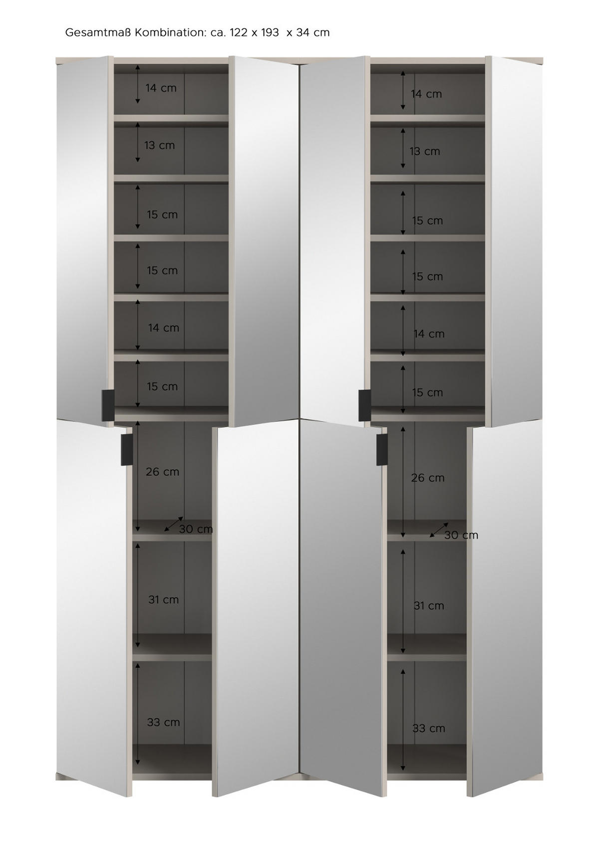 GARDEROBENSCHRANK Kaschmir 122 x 193 cm, Flurschrank mit Spiegel - Kaschmir/Schwarz, Glas/Holzwerkstoff (122/193/34cm) - Inn.Furn