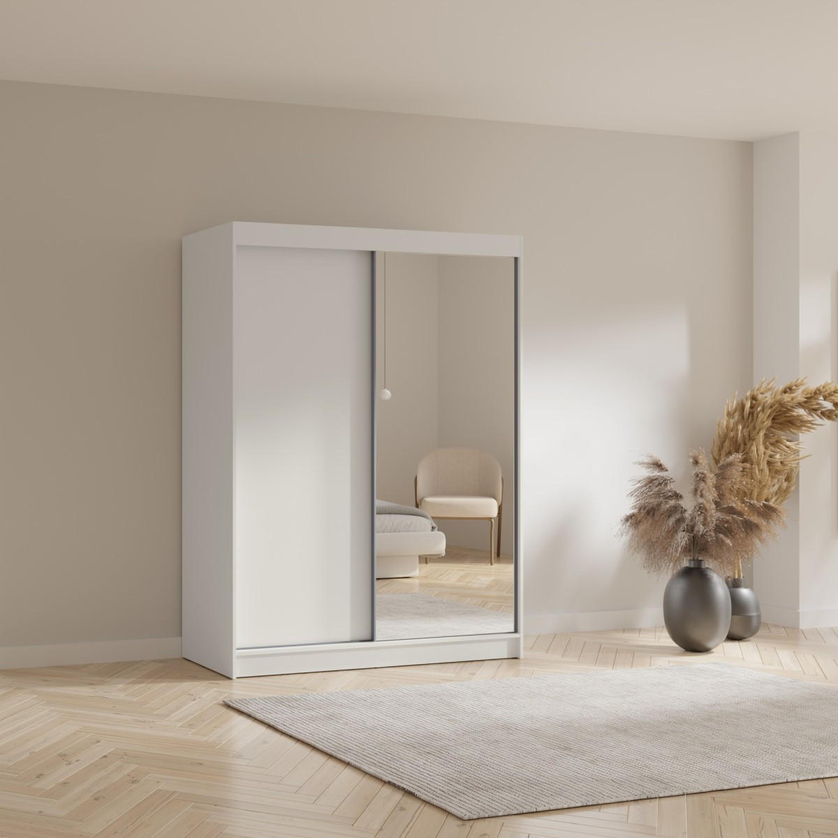 SCHWEBETÜRENSCHRANK mit Spiegel Fiore 2D1L 150 Weiß/Silber - Silberfarben/Weiß, Holzwerkstoff/Metall (150/200/60cm) - mzm24