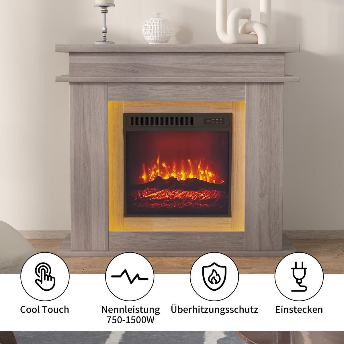 ELEKTROKAMIN freistehend 3D Flamme LED Dekokamin Eiche - Eichefarben, Holz (34.5/88.8/101cm) - LEBENLANG