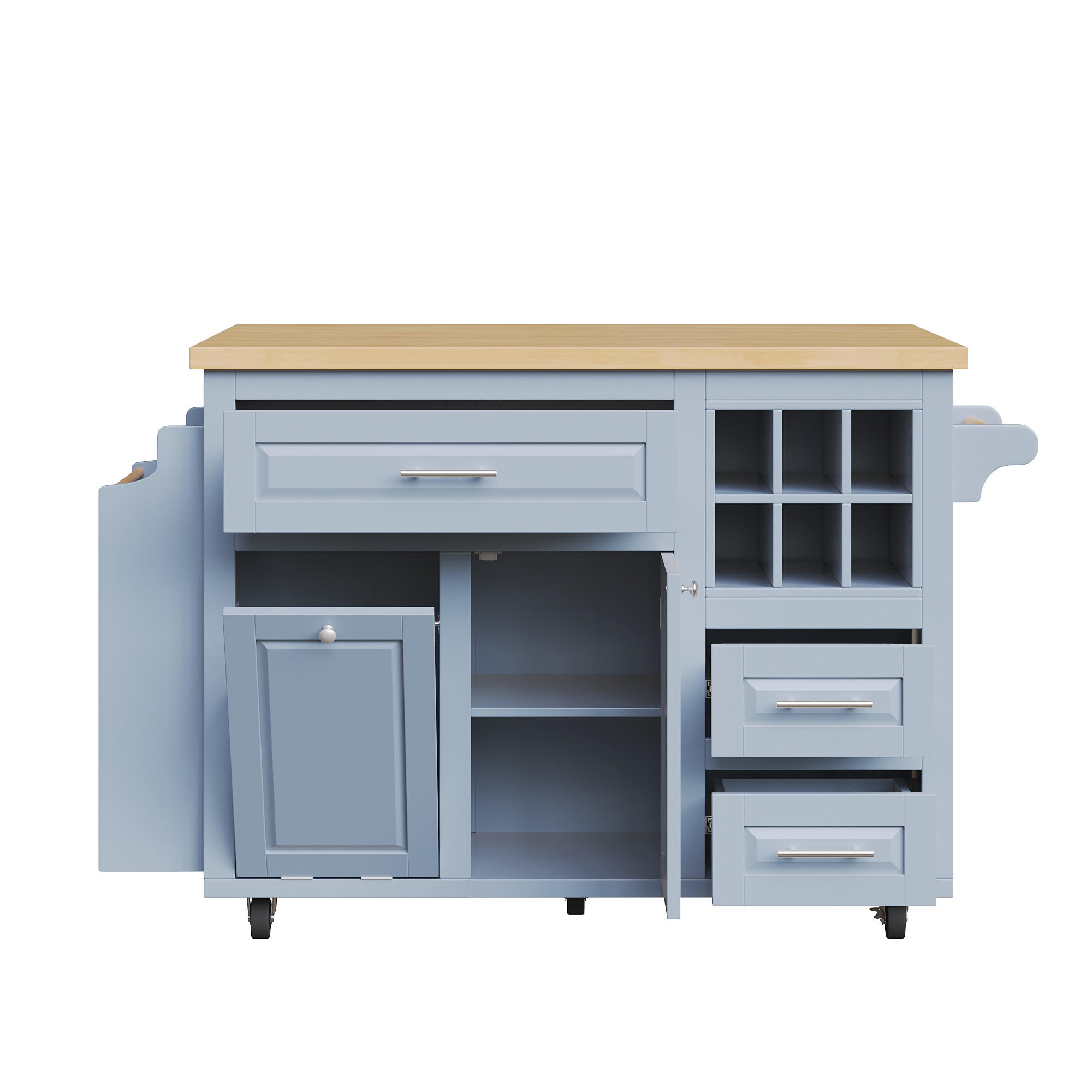 KÜCHENINSEL 143/75/91 cm Blau mit 3 Schubladen, seitlichem Snackregal und Mülleimerplatz - Blau, Holz (75/91/143cm) - Oxeza
