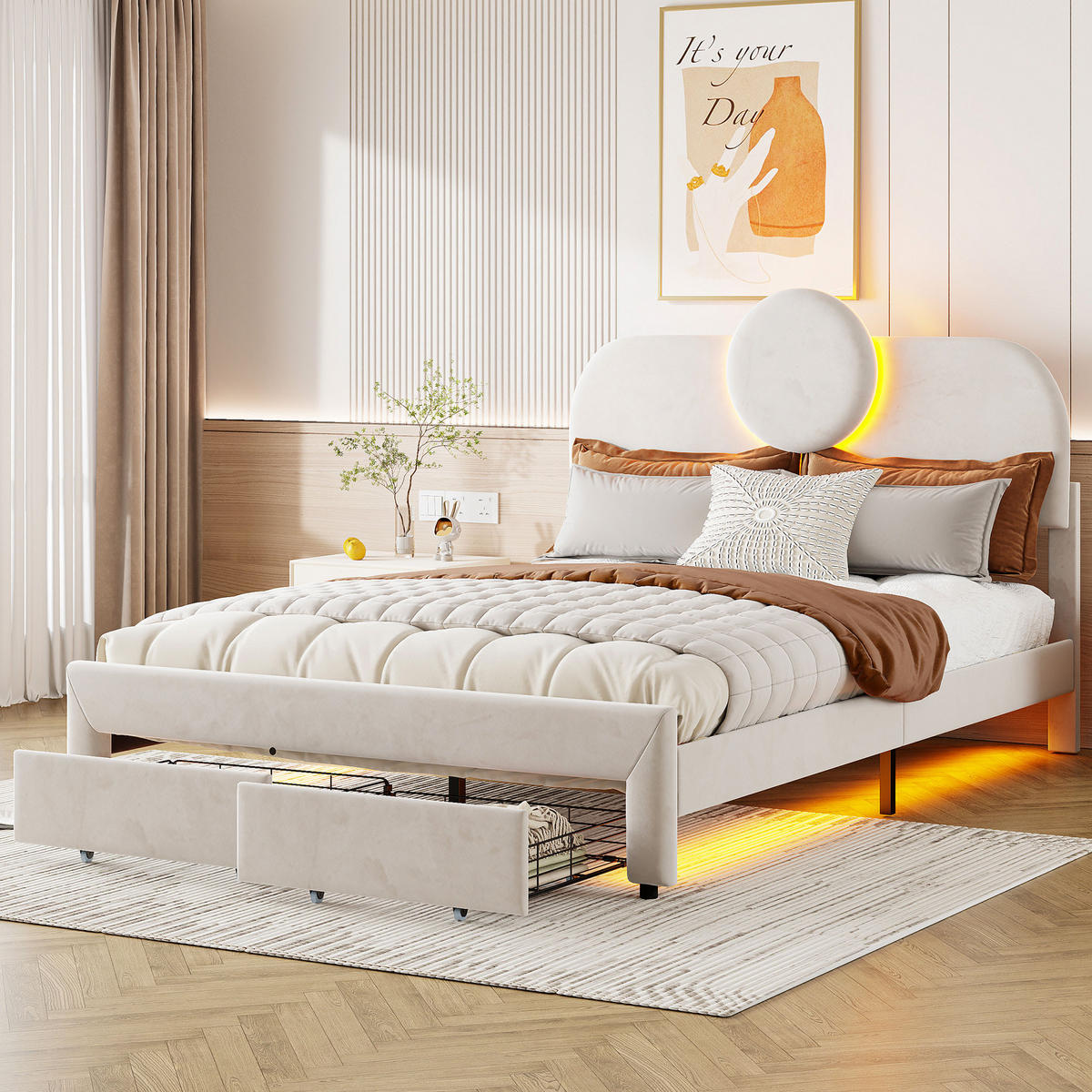 POLSTERBETT 140x200 cm, Beige, LED-Beleuchtung - Beige, Textil/Metall (140/200cm)