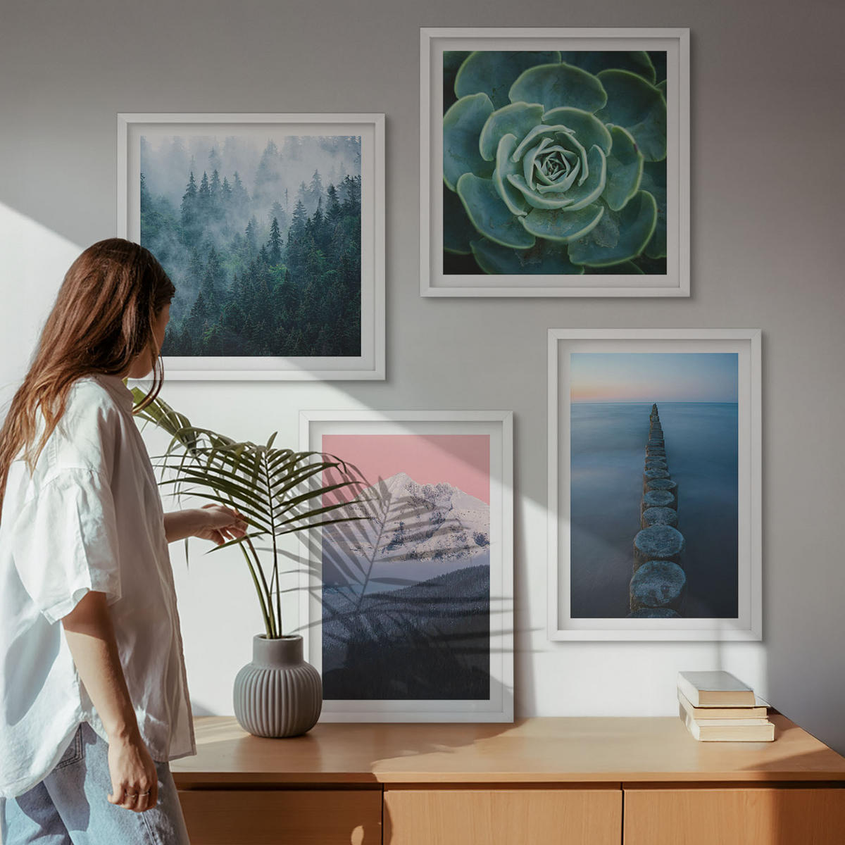 BILDER SET 4er Set - 50x50 cm & 40x60 cm Weißer Rahmen - Berge, rosa Himmel, Wasser, Sukkulente - Weiß, Kunststoff (50/50cm) - TULUP