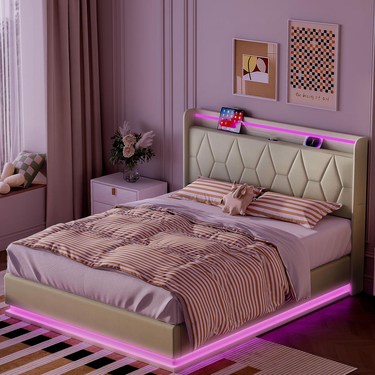 POLSTERBETT 160x200 cm, Doppelbett mit LED, Weiß Samt - Weiß, Metall (160/200cm)