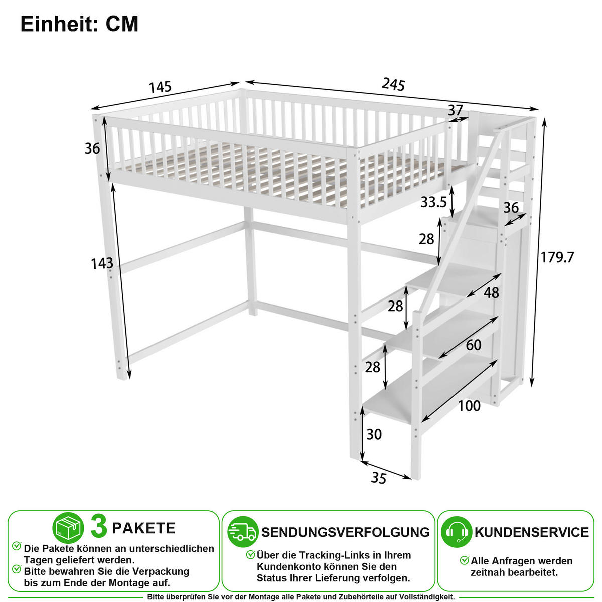 HOCHBETT 140/200 cm in Weiß mit Treppe, Kleiderschrank und Regal - Weiß, Holz/Holzwerkstoff (140/200cm) - CHICFURN