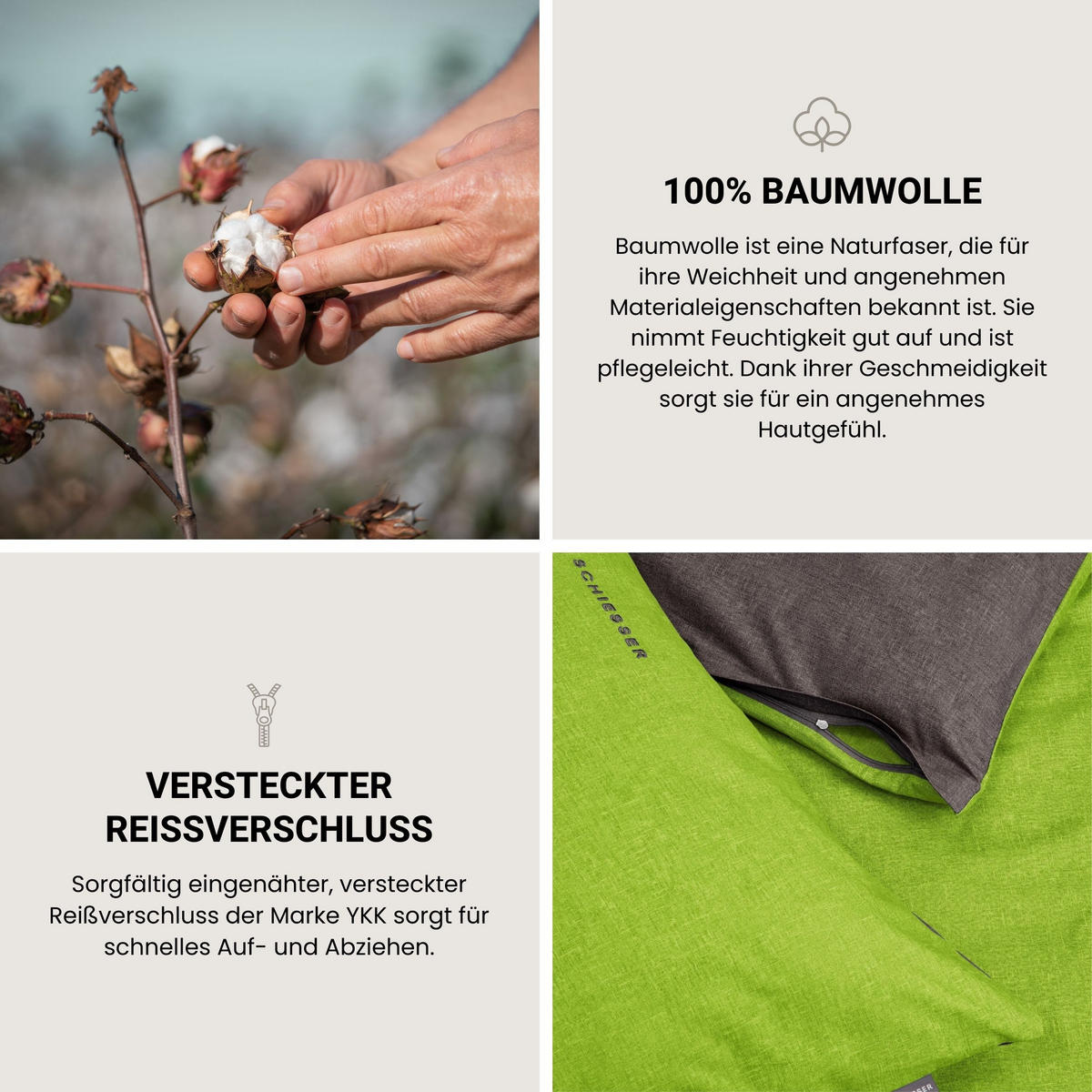 BETTWÄSCHESET Doubleface - Renforcé - 2-teilig - 155 x 220 cm - Grün-Dunkelgrau - Dunkelgrau/Grün, Textil (155/220cm) - SCHIESSER