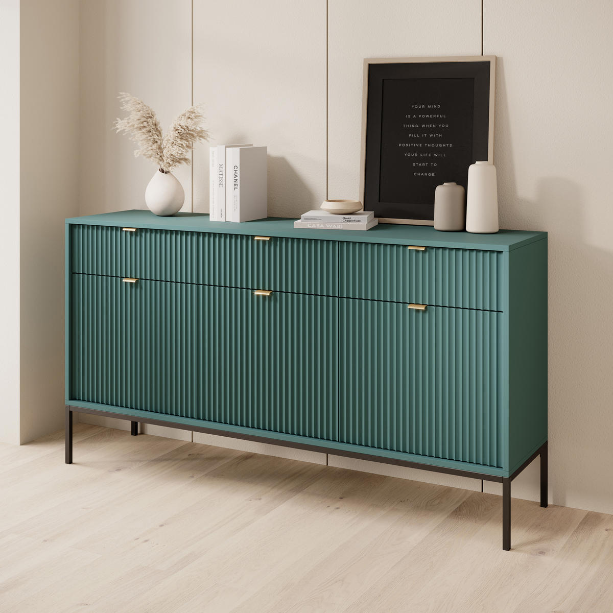SIDEBOARD STELLARE 154/83/39 cm mit 3 Schubladen 3 Türen Hellgrün - Hellgrün, Holzwerkstoff (154/83/39cm) - MASSENO