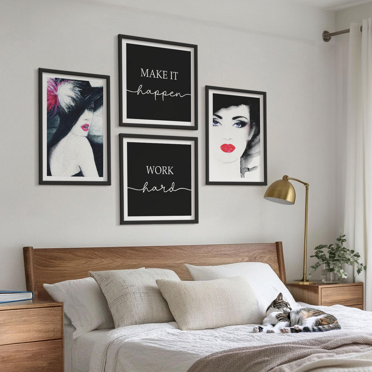 BILDER SET 4er Set - 50x50 cm & 40x60 cm Schwarzer Rahmen - Porträts von Frauen mit Lippen - Schwarz, Kunststoff (50/50cm) - TULUP