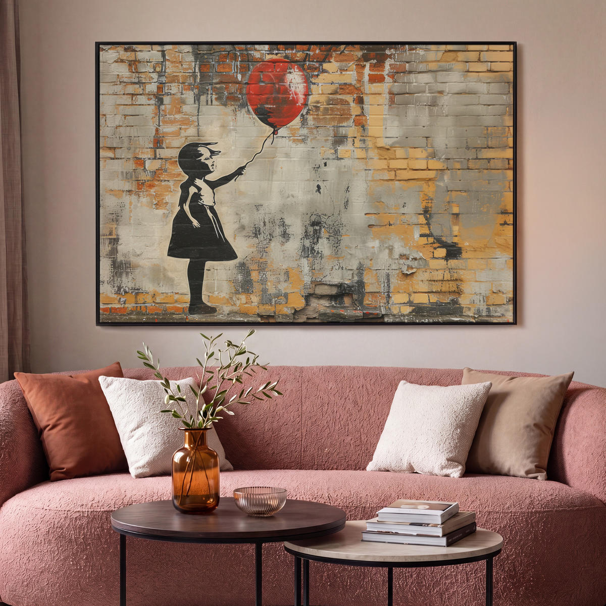 LEINWAND Bilder mit Rahmen - Graffiti - Banksy - Mädchen - Straßenkunst - 150x100 - Sandfarben, Textil (150/100cm) - MuchoWow