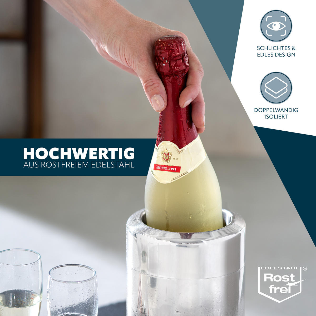 EDELSTAHL-FLASCHENKÜHLER 750 ml-Flaschen, silber, Edelstahl - Edelstahlfarben, Metall (13/19cm) - bremermann