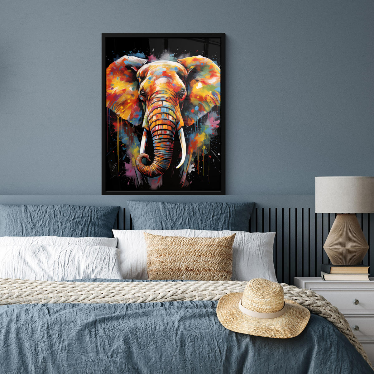 GERAHMTES BILD Elefant - Graffiti - Schwarz - Tiere - Farben 60x80 cm - Schwarz, Papier (60/80cm) - MuchoWow