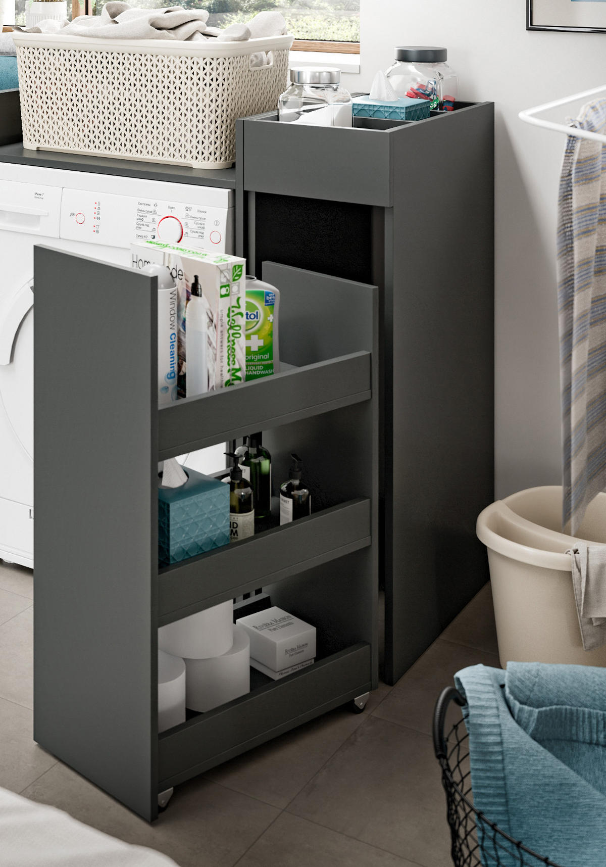 WASCHMASCHINENSCHRANK grau Set 4-teilig 155 x 196 cm, modernes Design - Schwarz/Grau, Holzwerkstoff/Kunststoff (155/196/68cm) - Inn.Furn
