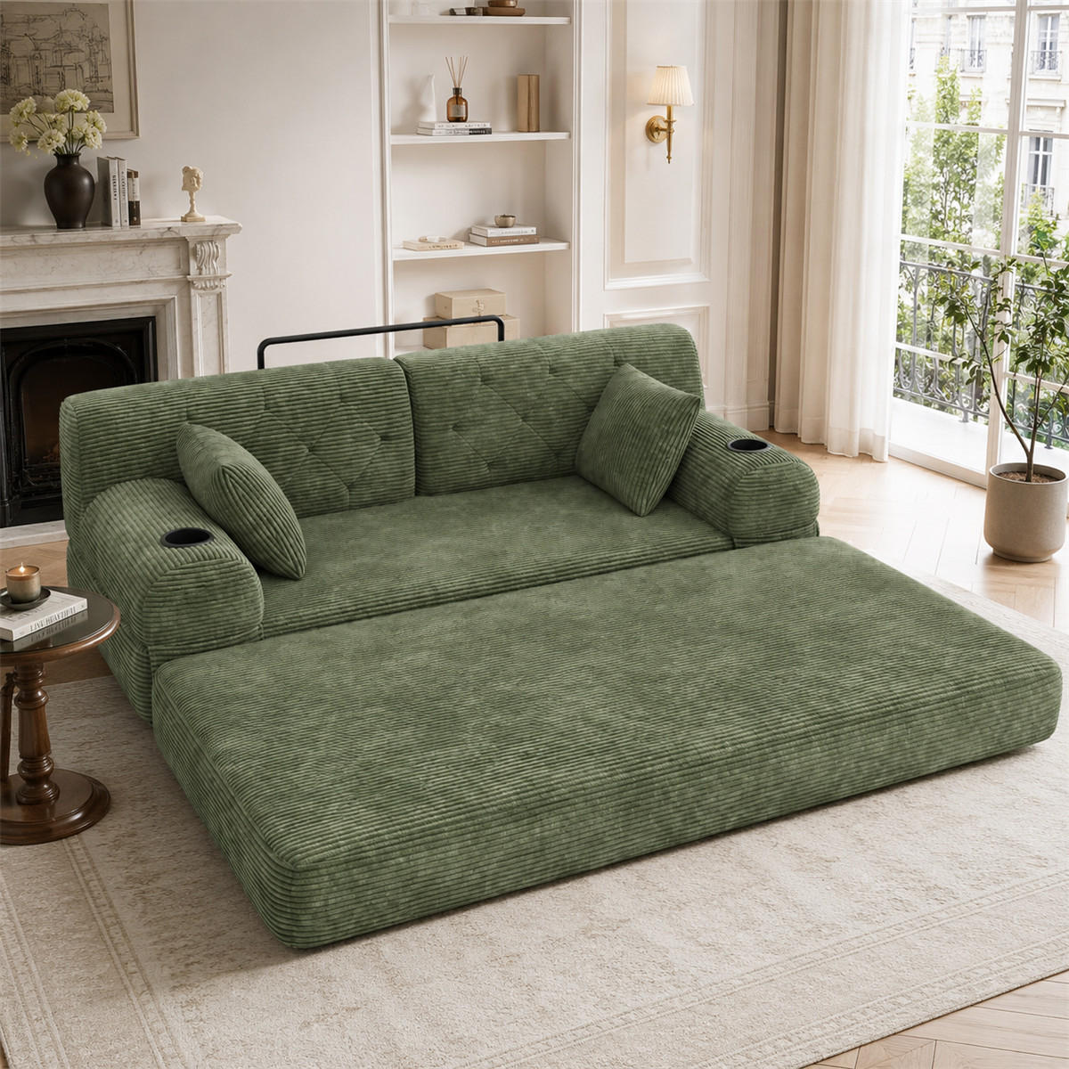 SCHLAFSOFA 2-Sitzer Cord mit Getränkehaltern und Seitentaschen, Grün - Grün, Textil (168/81/80cm) - Kaket