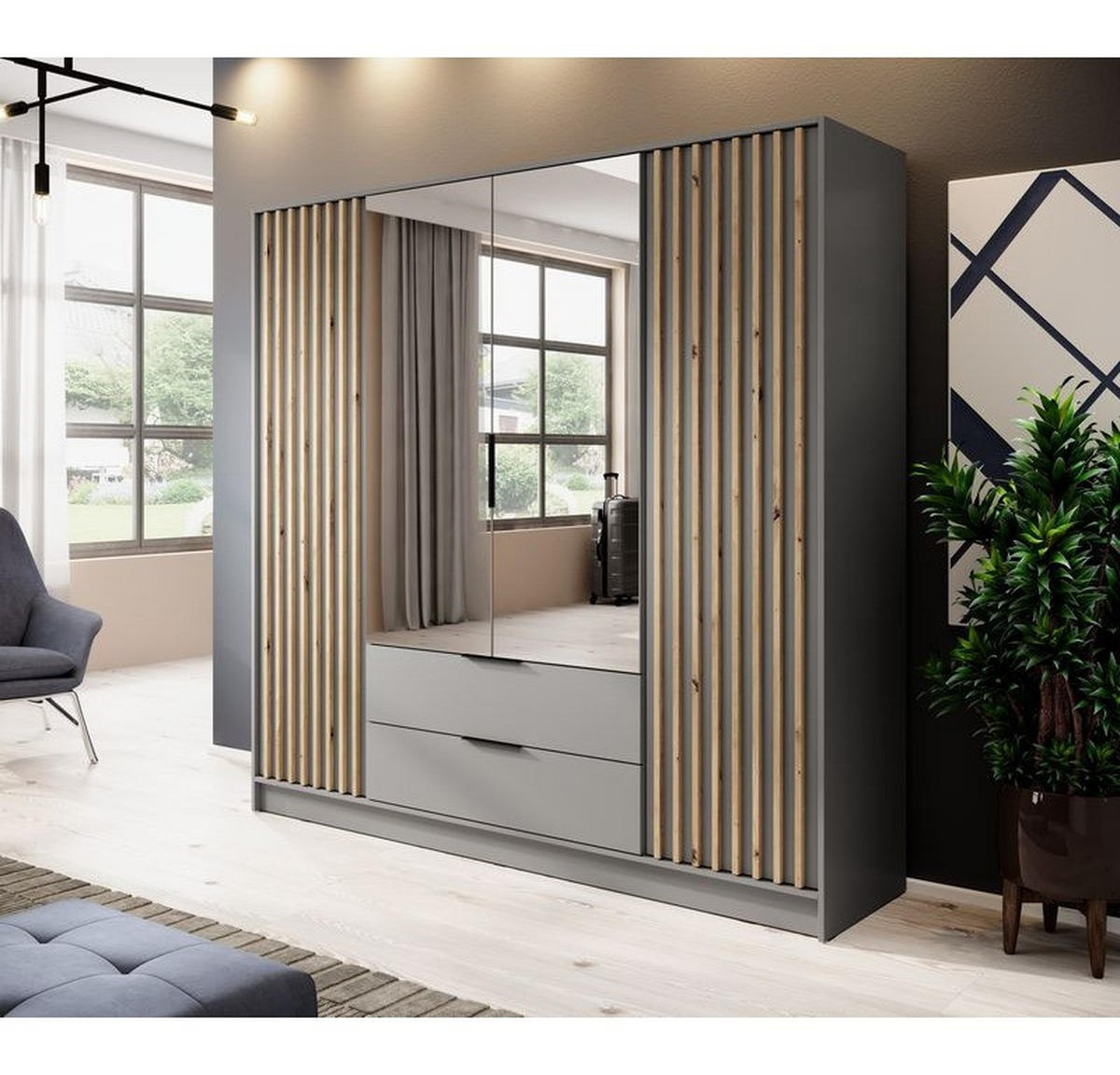 KLEIDERSCHRANK – 206 cm – Nelly – Grau - Grau, Holzwerkstoff (206/200/51cm) - hi-markt