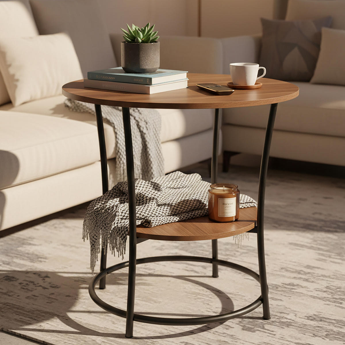 MASĂ maro negru rotundă 2 rafturi 55x55 cm - maro, compozit lemnos/metal (55/55/55cm) - Relaxdays
