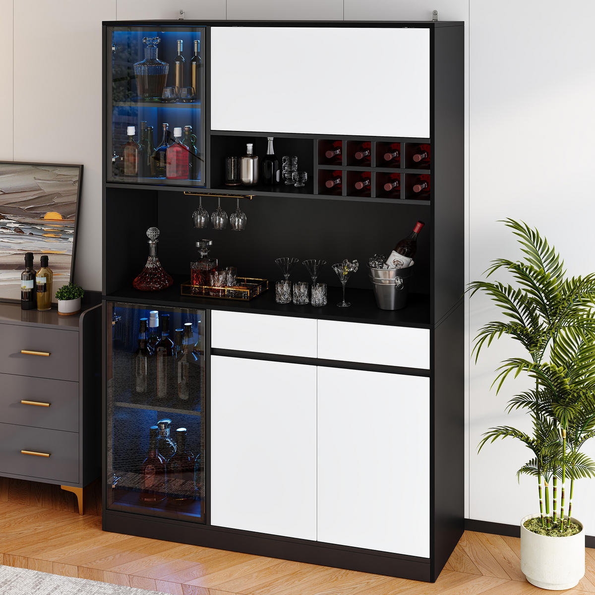 HOCHSCHRANK mit LED, Türen und Schubladen - Schwarz/Weiß, Holzwerkstoff (120/180/35cm) - FLIEKS