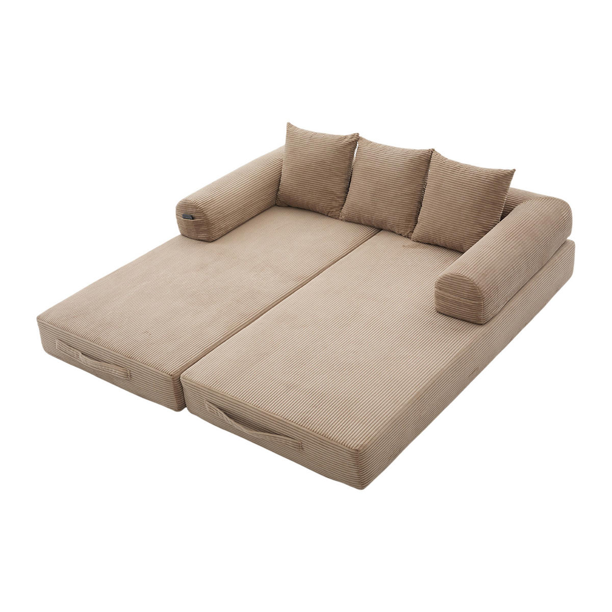 SCHLAFSOFA 200/94/67 cm khaki mit Seitentaschen plus und 3 Kissen - Sandfarben, Textil (200/67/94cm) - Oxeza