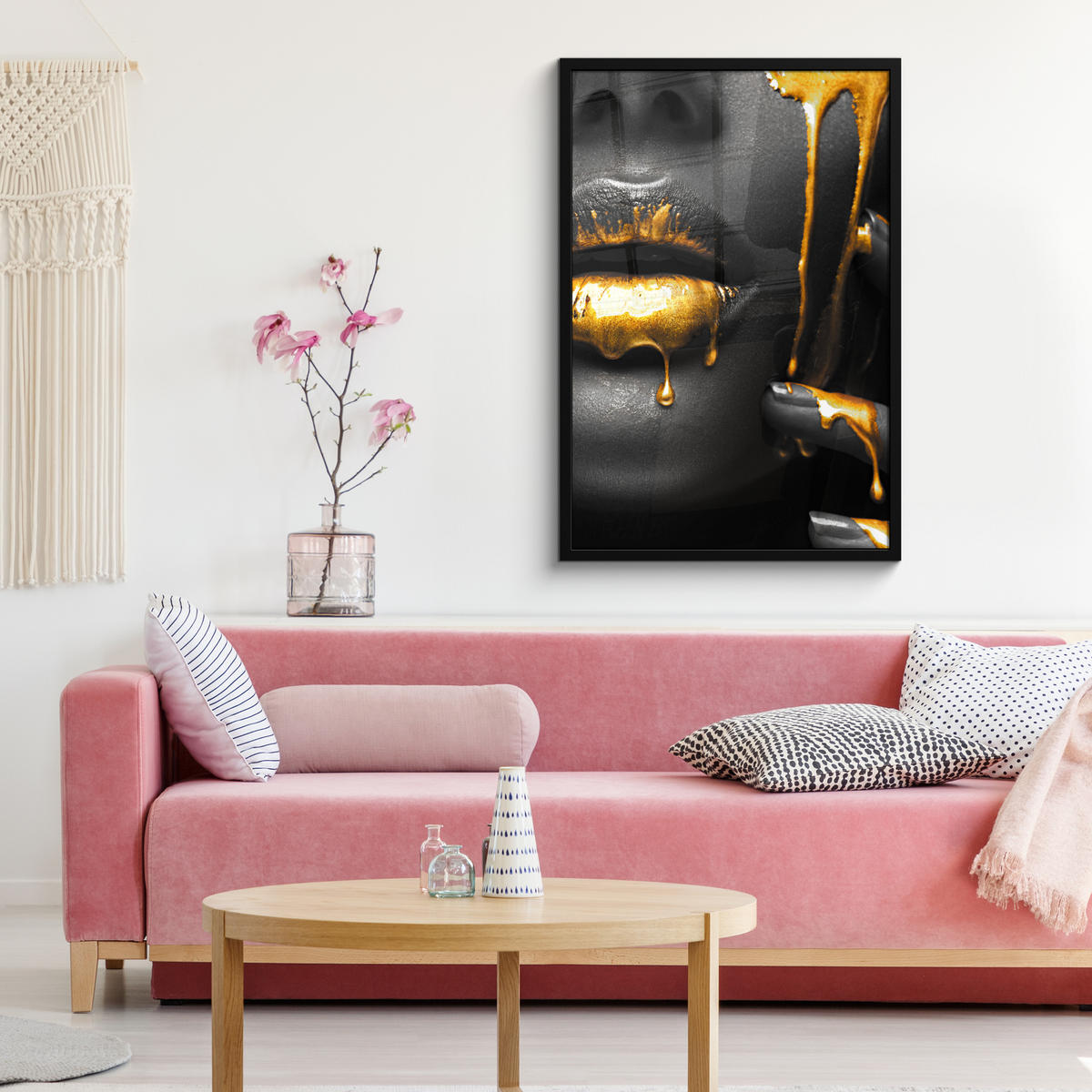 ZARÁMOVANÝ PLAGÁT Žena - čierna - zlatá - tvár - pery 60x90 cm - zlatá, papier (60/90cm) - MuchoWow
