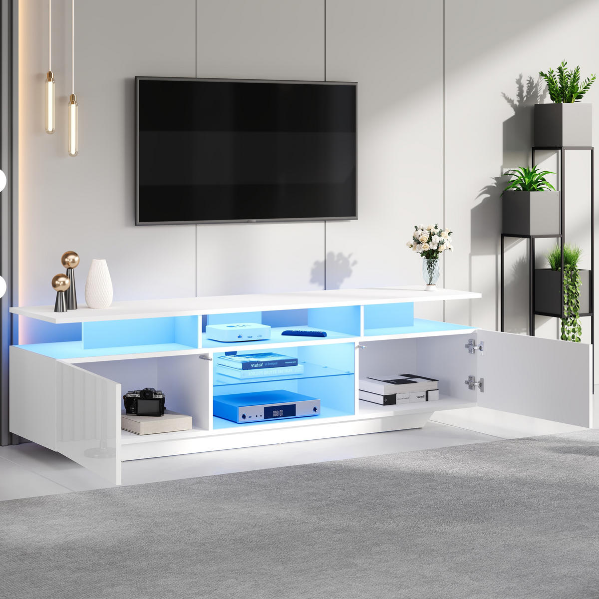 TV-SCHRANK 160/40/45 cm Weiß Hochglanz mit LED und 2 Türen - Weiß, Holzwerkstoff (160/45/40cm) - Oxeza
