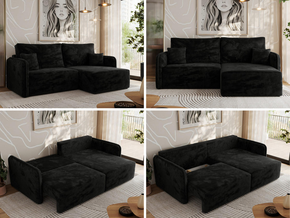 ECKSCHLAFSOFA MESTO L Schwarz Plüsch - rechts - Schwarz, Kunststoff/Textil (147/227cm) - MKS