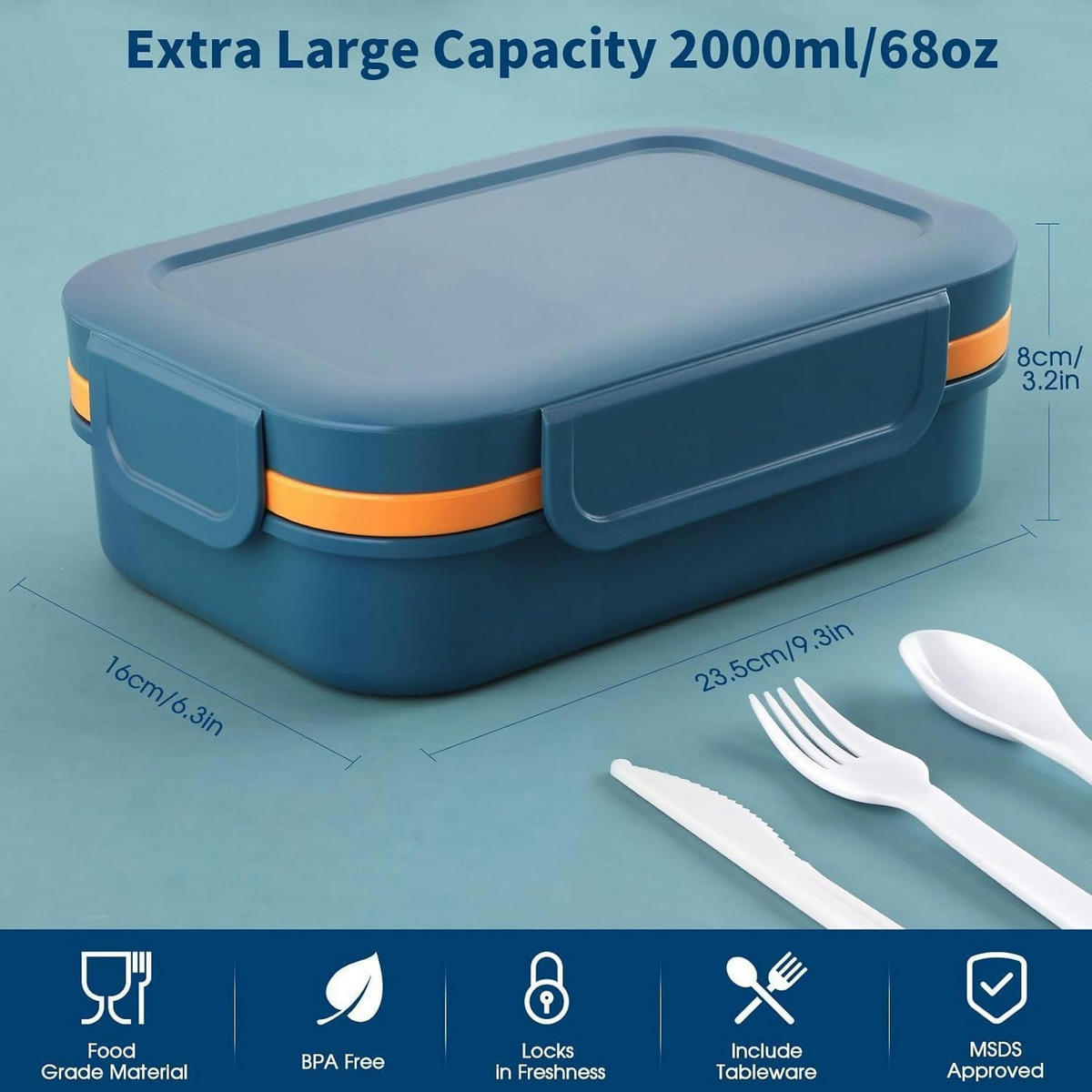 LUNCHBOX mit Fächern 2000ml auslaufsicher mit Besteck - Blau, Kunststoff (16/8/23.5cm)