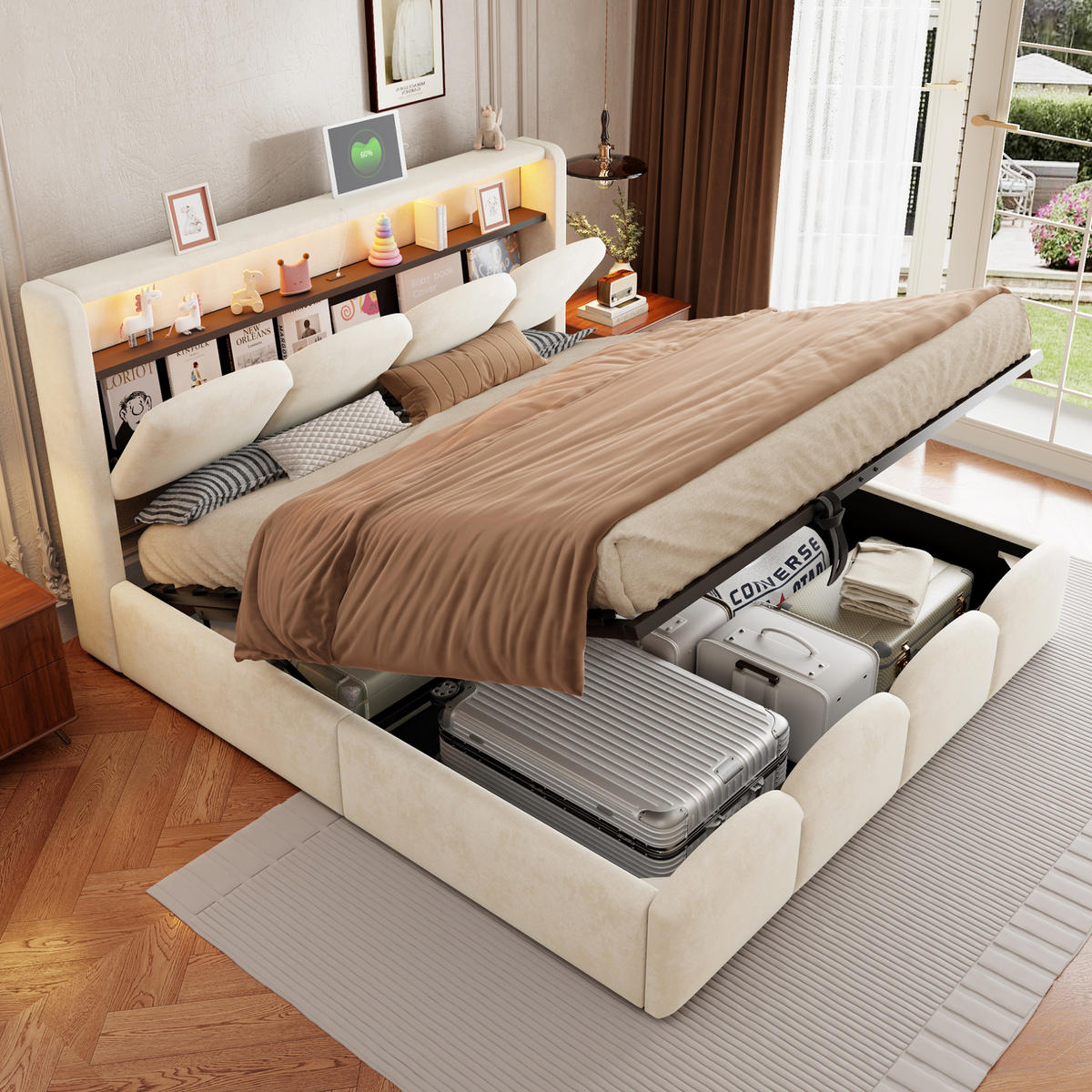 POLSTERBETT 140x200 cm in Beige mit LED, USB-/Typ-C-Anschlüssen und Stauraum - Beige, Textil (140/200cm) - IVMEU