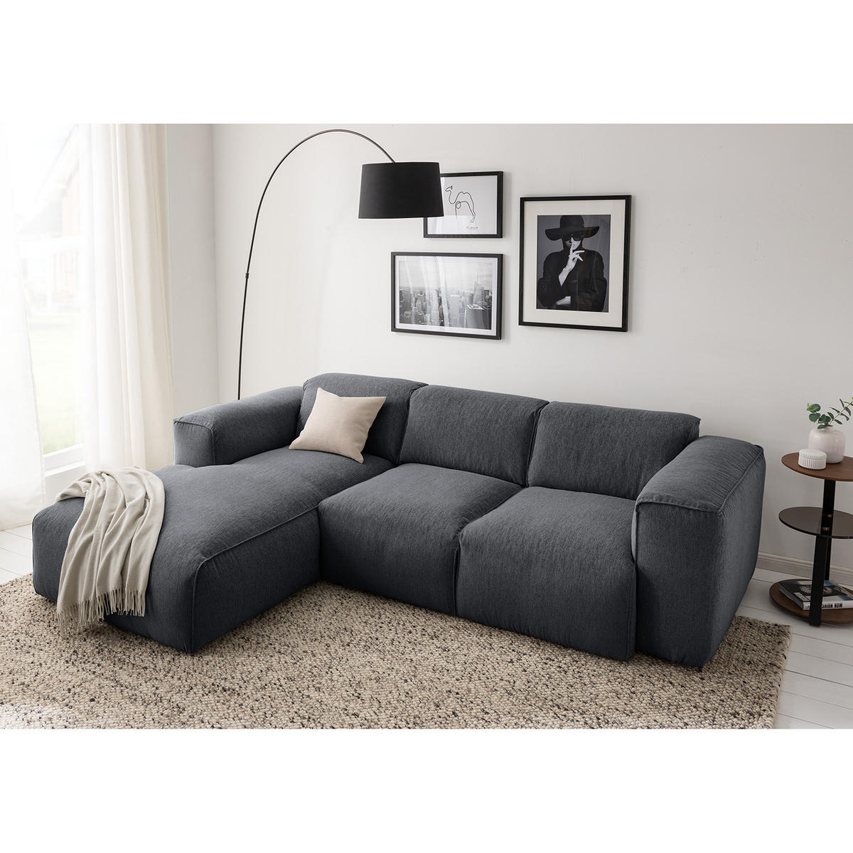 3-SITZER ECKSOFA mit Longchair - Schwarz/Grau, Textil (251/173cm) - home24
