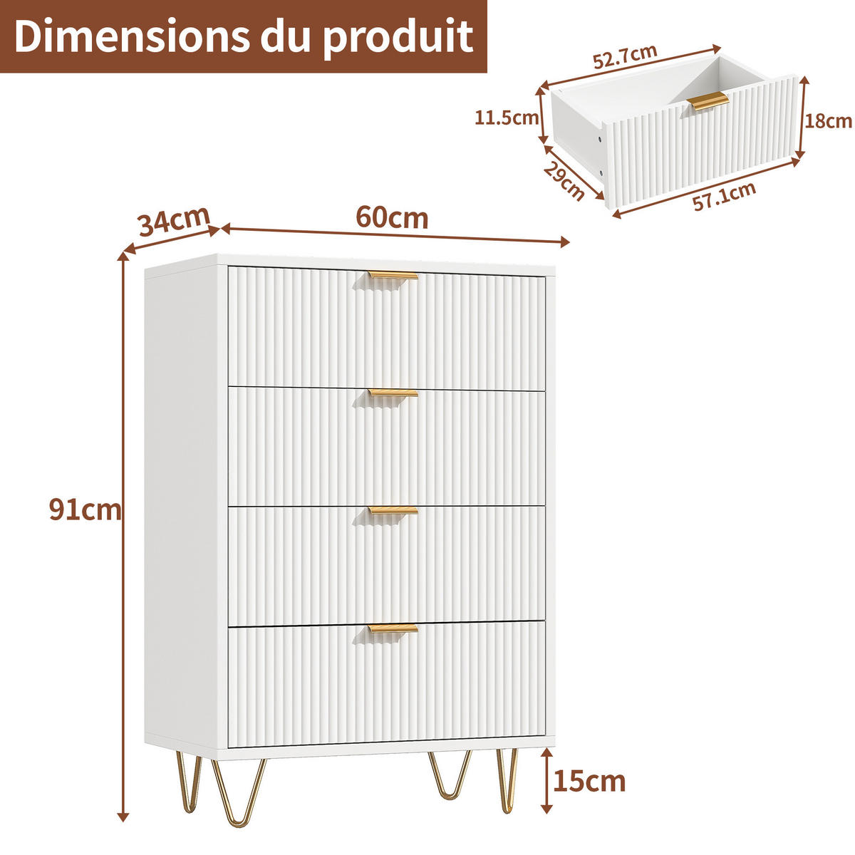 KOMMODE WEIß 4 Schubladen Wellenfront Goldgriffe - Weiß, Holzwerkstoff (34/91/60cm) - SHOPENTRA