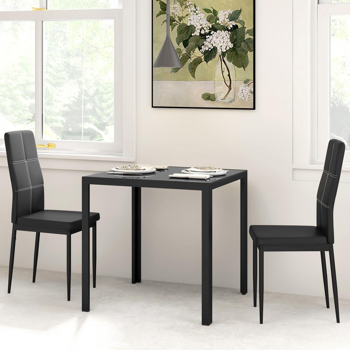 ESSGRUPPE Esstisch mit 2 Stühlen Platzsparend Esszimmergruppe Sitzgruppe Schwarz - Schwarz, Glas (75/75/75cm)