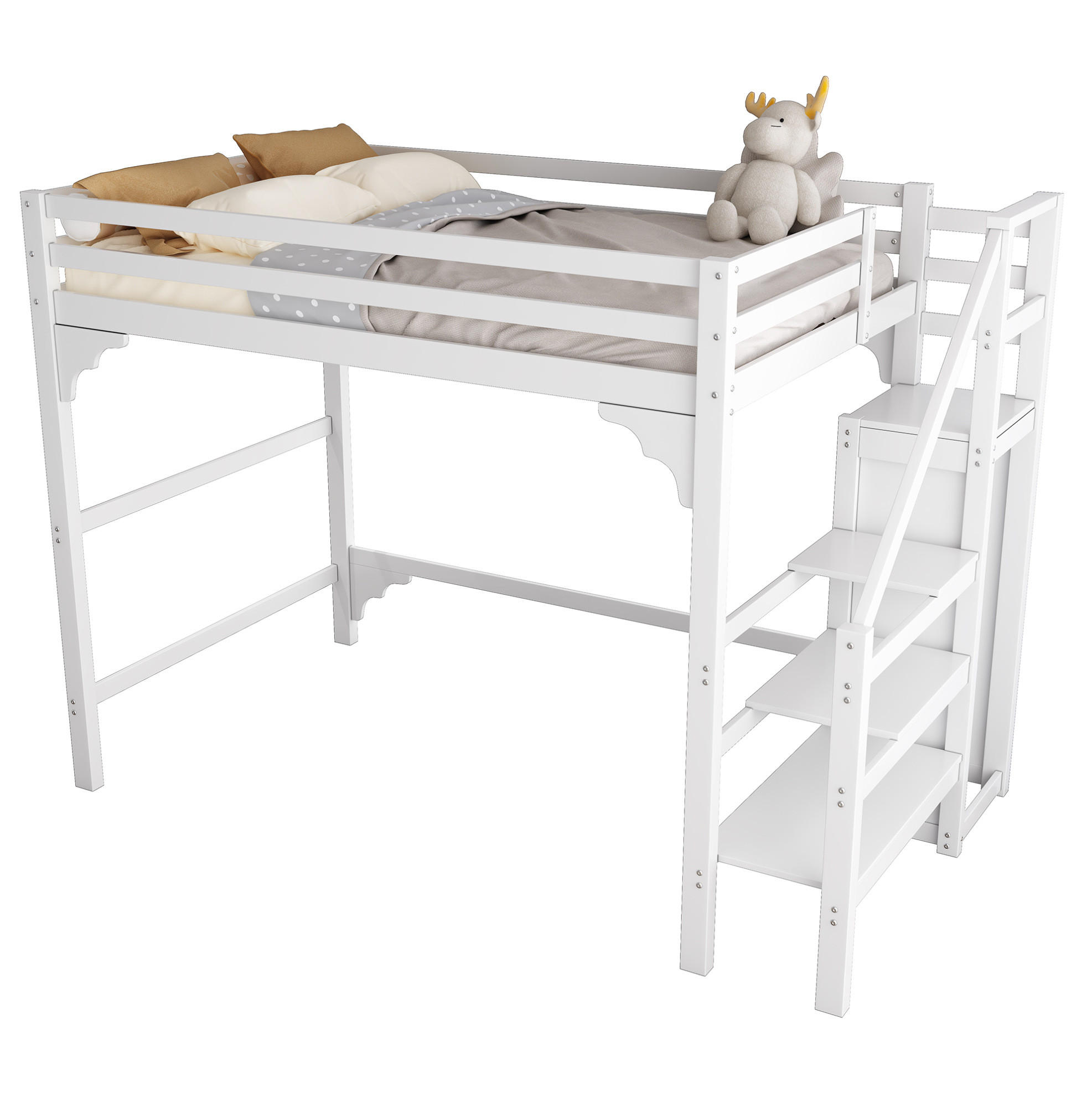 HOCHBETT 140/200 cm mit Stufentreppe, Kleiderschrank und Stauraum, Kiefernholz, Weiß - Weiß, Holz (140/200cm) - Redom