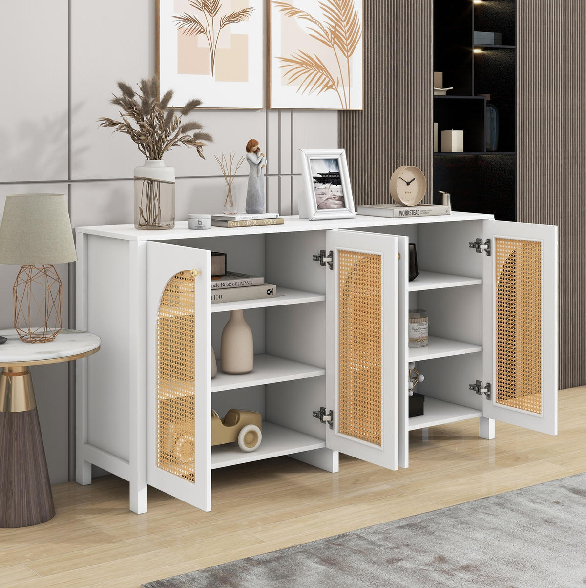 SIDEBOARD aus MDF mit 4 Kunst-Rattantüren Weiß - Weiß, Holzwerkstoff (145/40/80cm) - Modenvie