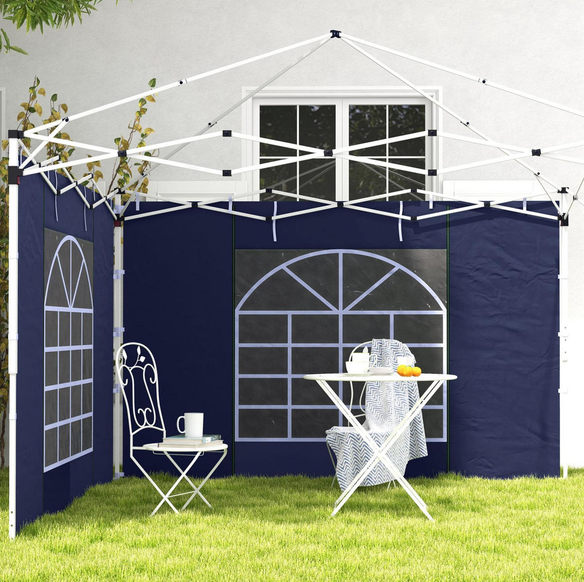 PAVILLON-SEITENWÄNDE 295/195 cm im 2er-Set aus Polyester mit Fenstern, Reißverschlusstüren und Riemenbefestigung, Blau - Blau, Kunststoff (195/195/295cm) - Redom