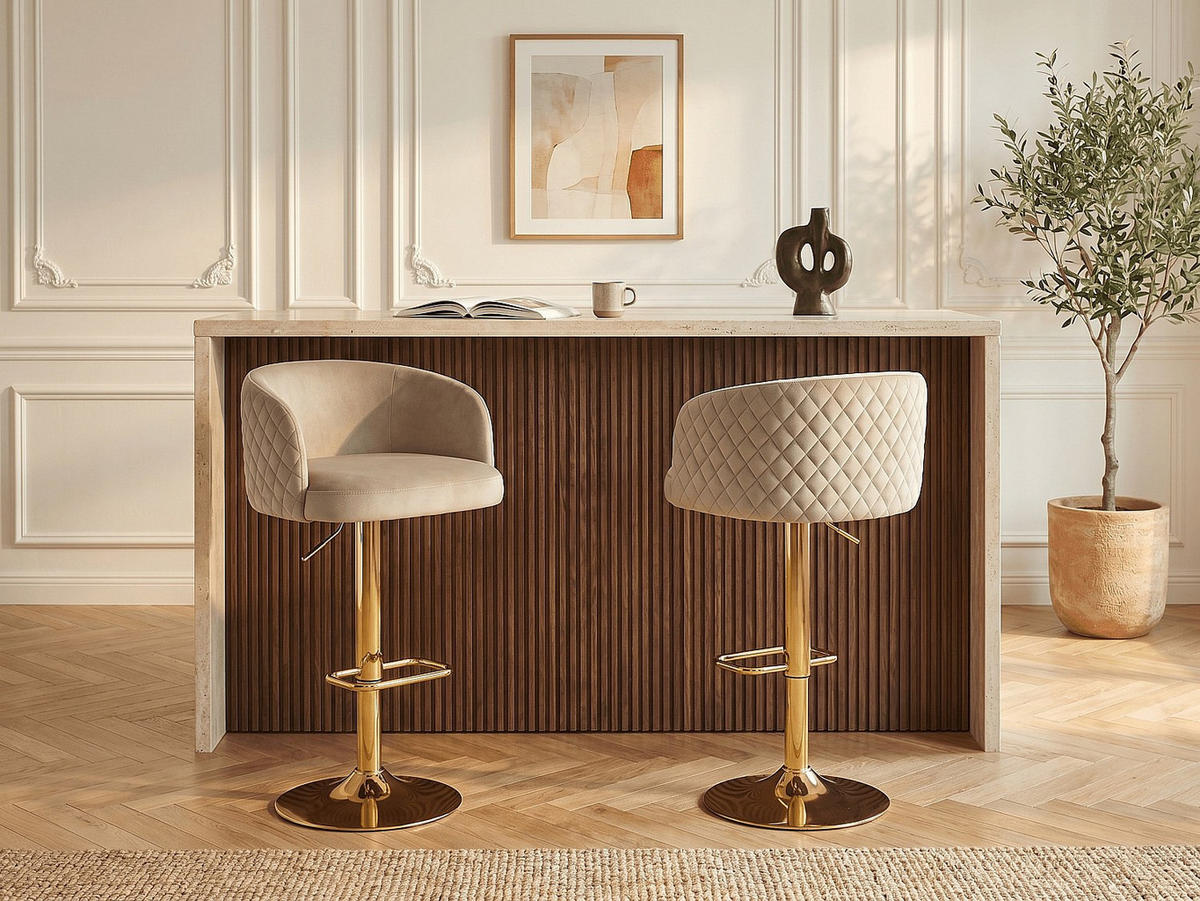 BARHOCKER - 54.5 cm x 52.5 cm - samt - beige Perlanita - Beige, Textil/Metall (54.5/105.5/52.5cm) - Vente-Unique