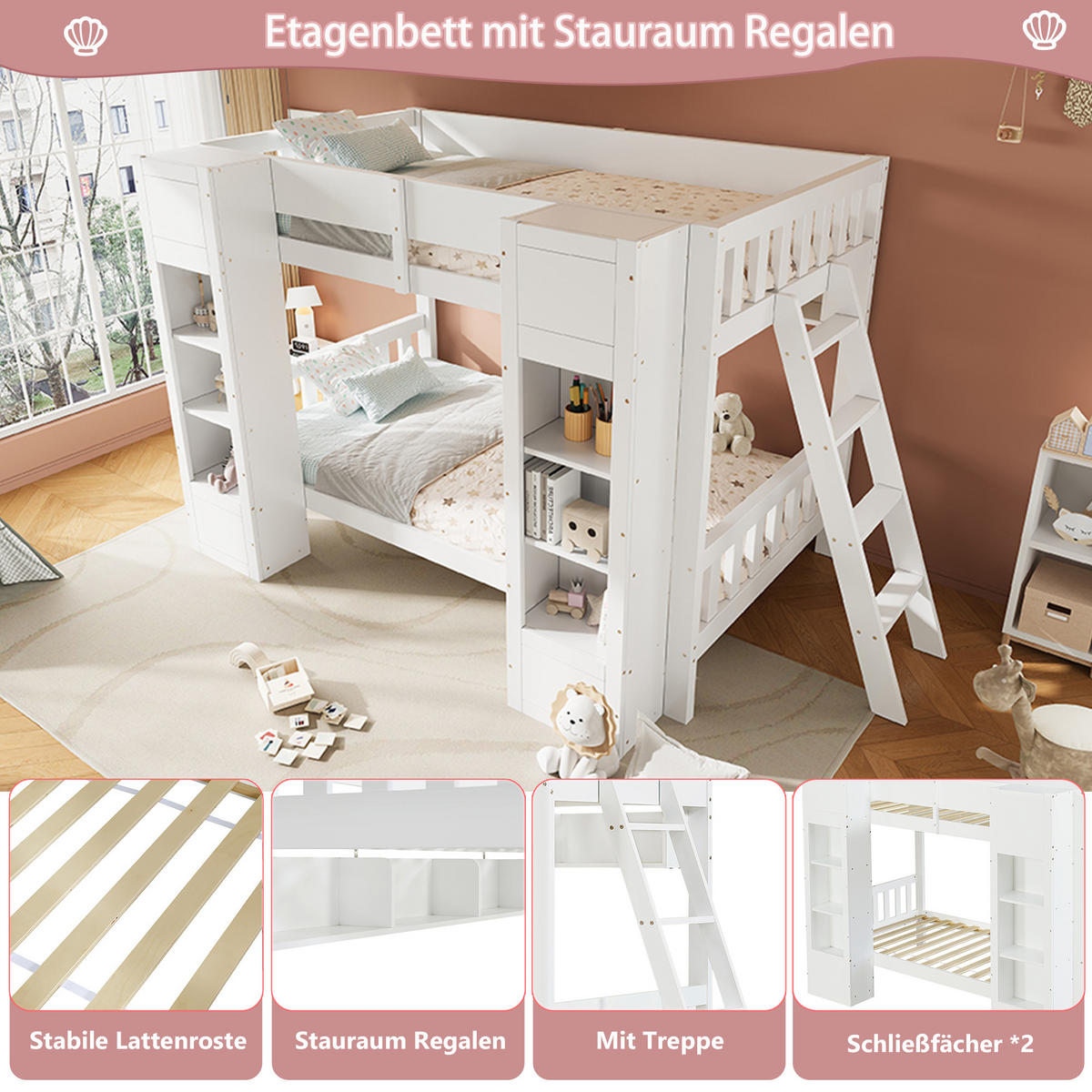 ETAGENBETT 90/200 cm in Weiß mit 2 Frontschränken, Hängeregal, Leiter und Rausfallschutz aus Massivholz und MDF - Weiß, Holzwerkstoff (90/200cm) - STILVORA