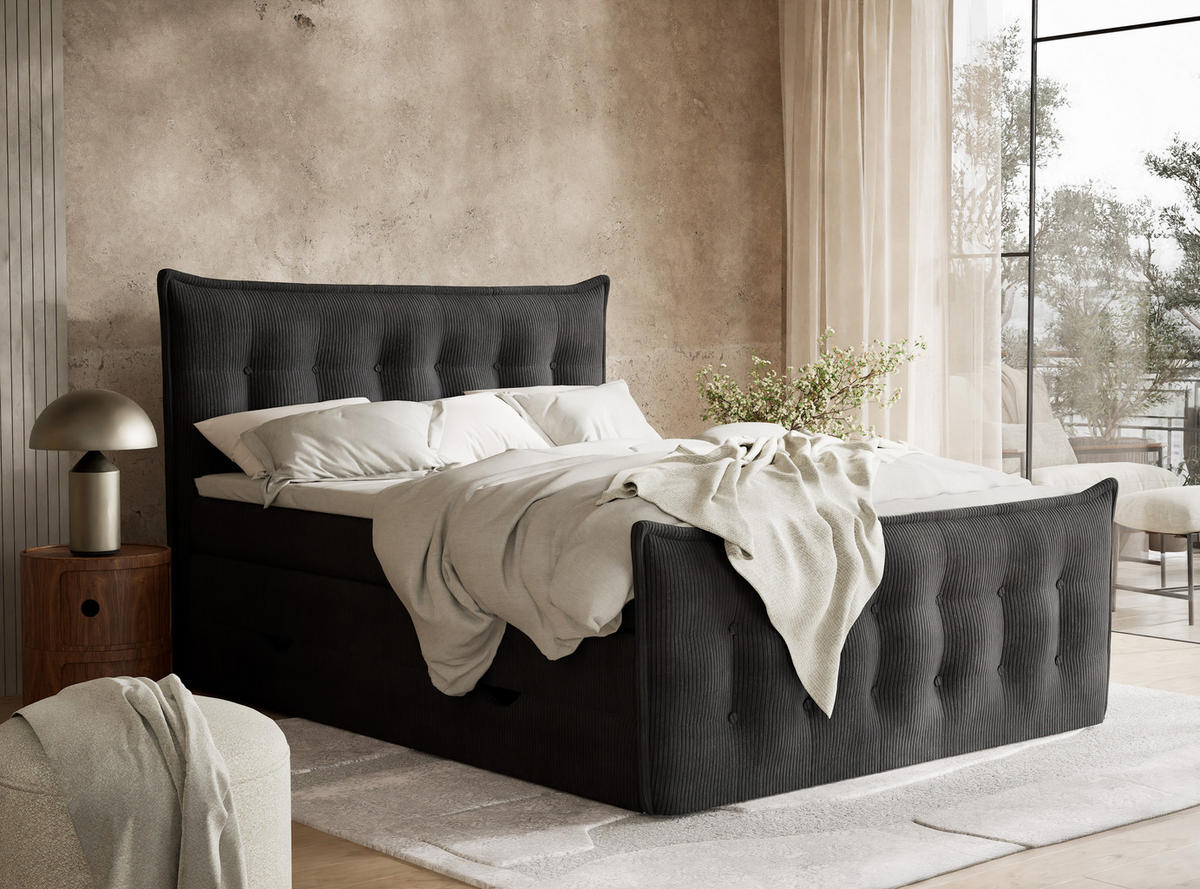 BOXSPRINGBETT Fatu 200/200 cm, in Graphit, Bettkasten, Matratze, Topper - Schwarz/Graphitfarben, Holz/Holzwerkstoff (200/200cm) - Maison de Reve