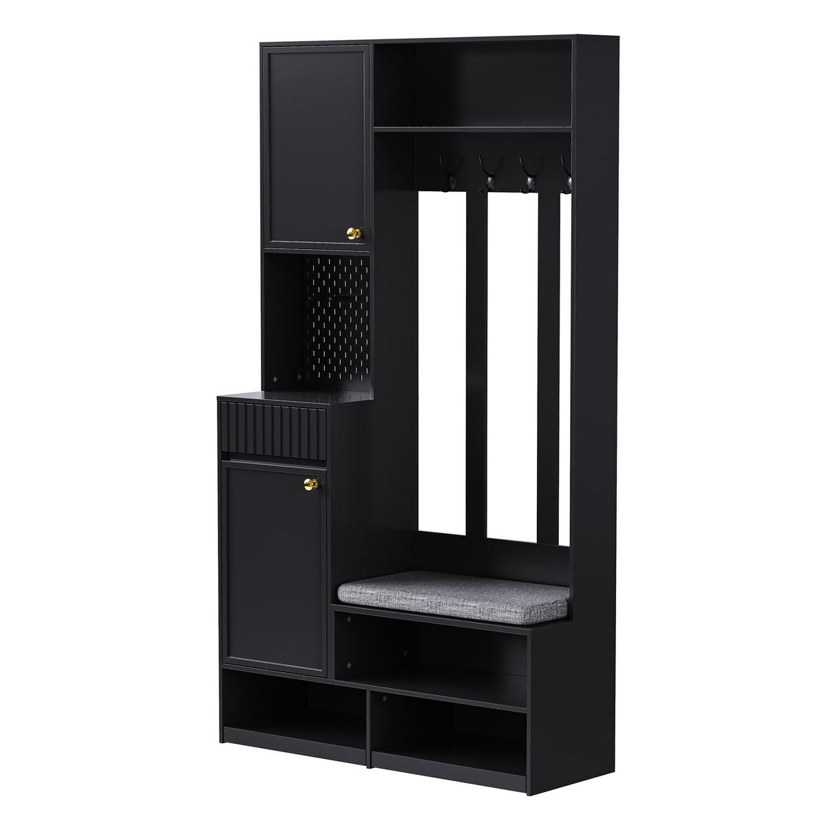 DIELENGARDEROBE mit Sitzbank, 4 Haken und Schubladen in Schwarz, 100/35/180 cm - Schwarz, Holzwerkstoff (100/180/35cm) - BEAOK