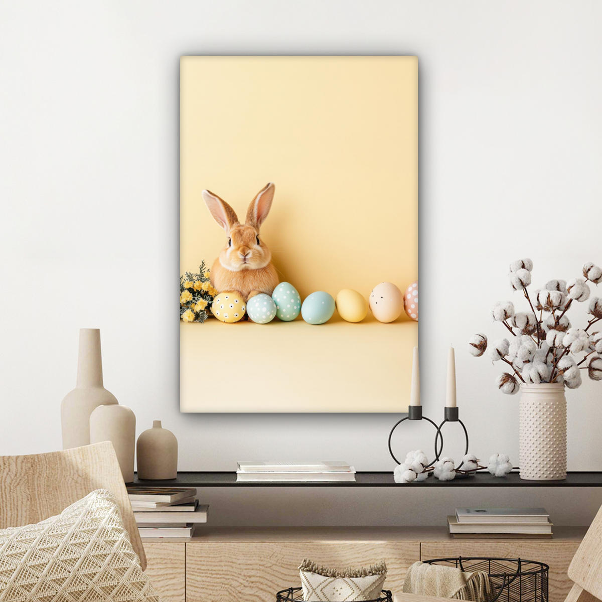 LEINWANDBILD Eier - Kaninchen - Pastellfarbtöne Wanddeko Schlafzimmer 60x90 cm - Hellgelb, Textil (60/90cm) - MuchoWow